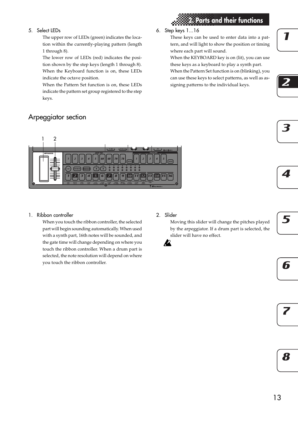 Arpeggiator section, 13 2. parts and their functions | KORG EMX-1 User Manual | Page 13 / 99