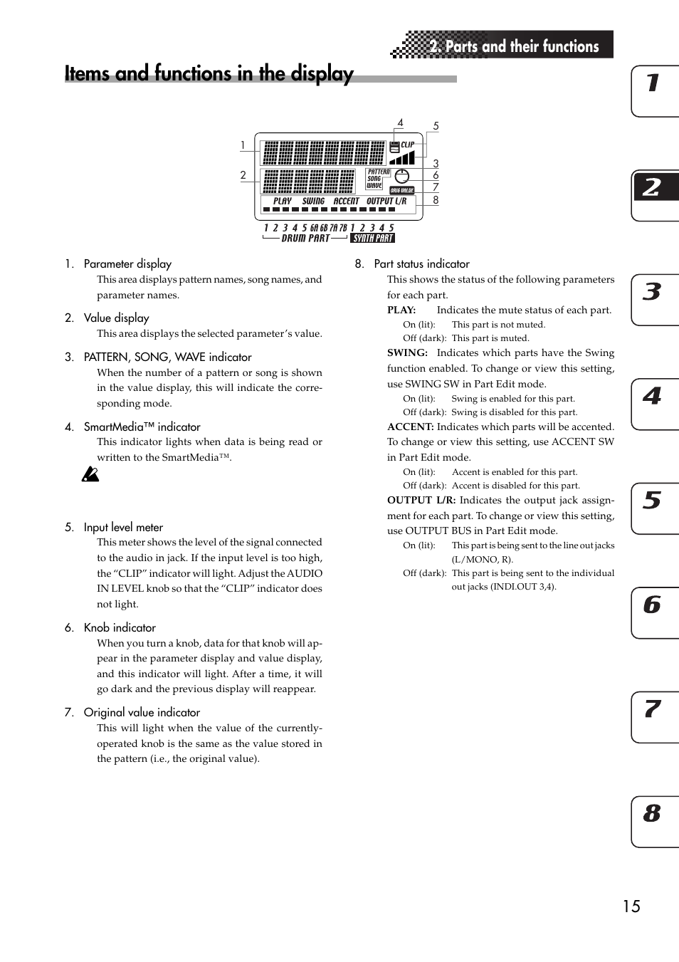 Items and functions in the display, 15 2. parts and their functions | KORG EMX-1 User Manual | Page 15 / 99