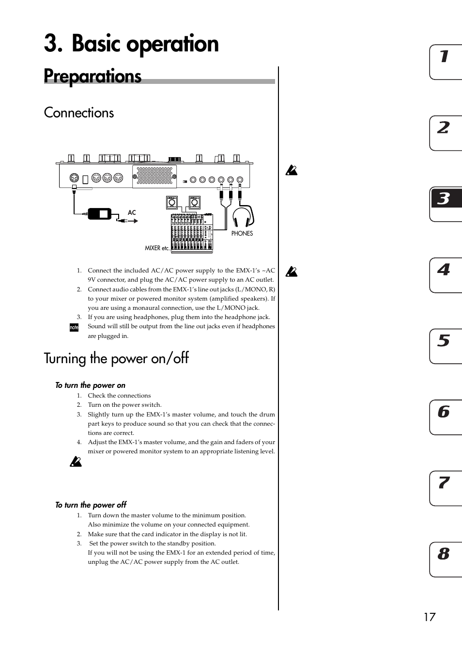 Basic operation, Preparations, Connections | Turning the power on/off, To turn the power on, To turn the power off, Connections turning the power on/off, To turn the power on to turn the power off | KORG EMX-1 User Manual | Page 17 / 99