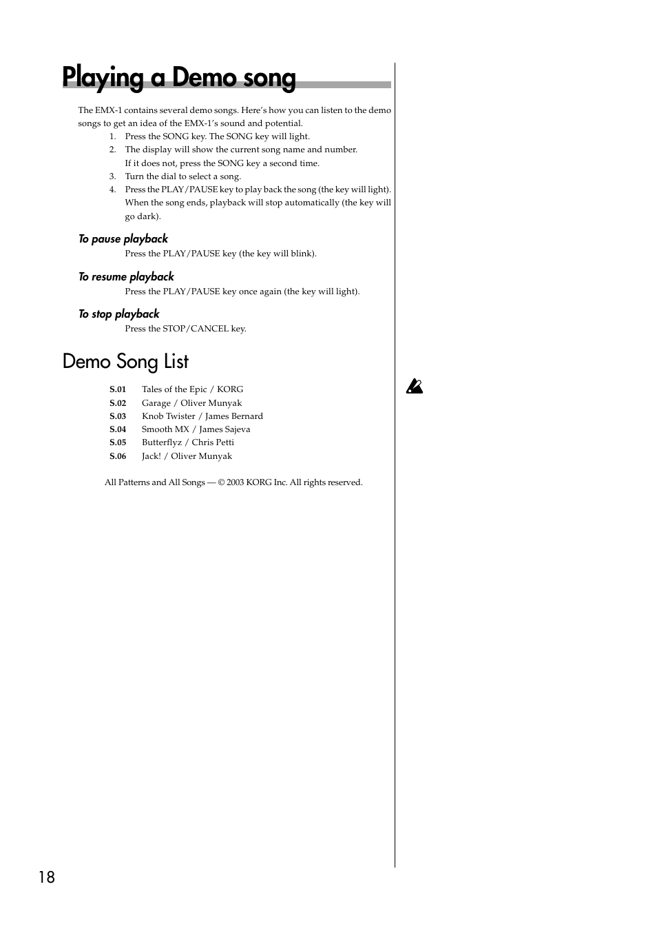 Playing a demo song, To pause playback, To resume playback | To stop playback, Demo song list | KORG EMX-1 User Manual | Page 18 / 99