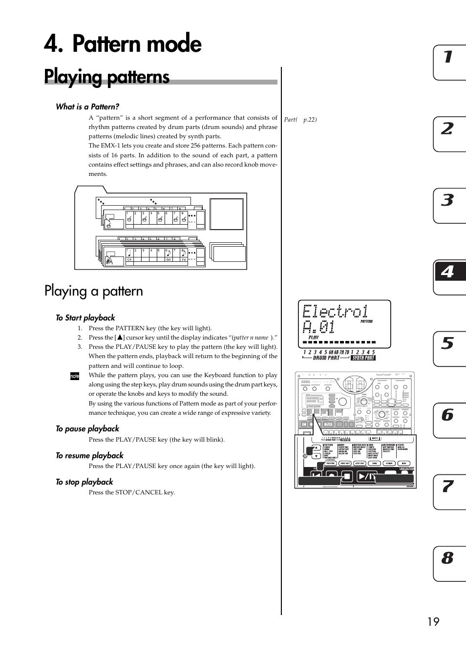 Pattern mode, Playing patterns, What is a pattern | Playing a pattern, To start playback, To pause playback, To resume playback, To stop playback | KORG EMX-1 User Manual | Page 19 / 99