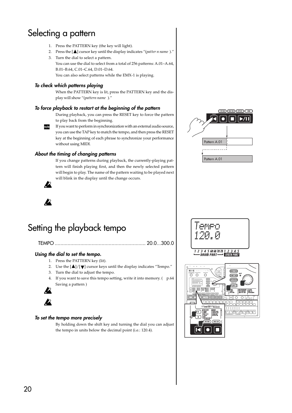 Selecting a pattern, To check which patterns playing, About the timing of changing patterns | Setting the playback tempo, Using the dial to set the tempo, To set the tempo more precisely, Pattern | KORG EMX-1 User Manual | Page 20 / 99