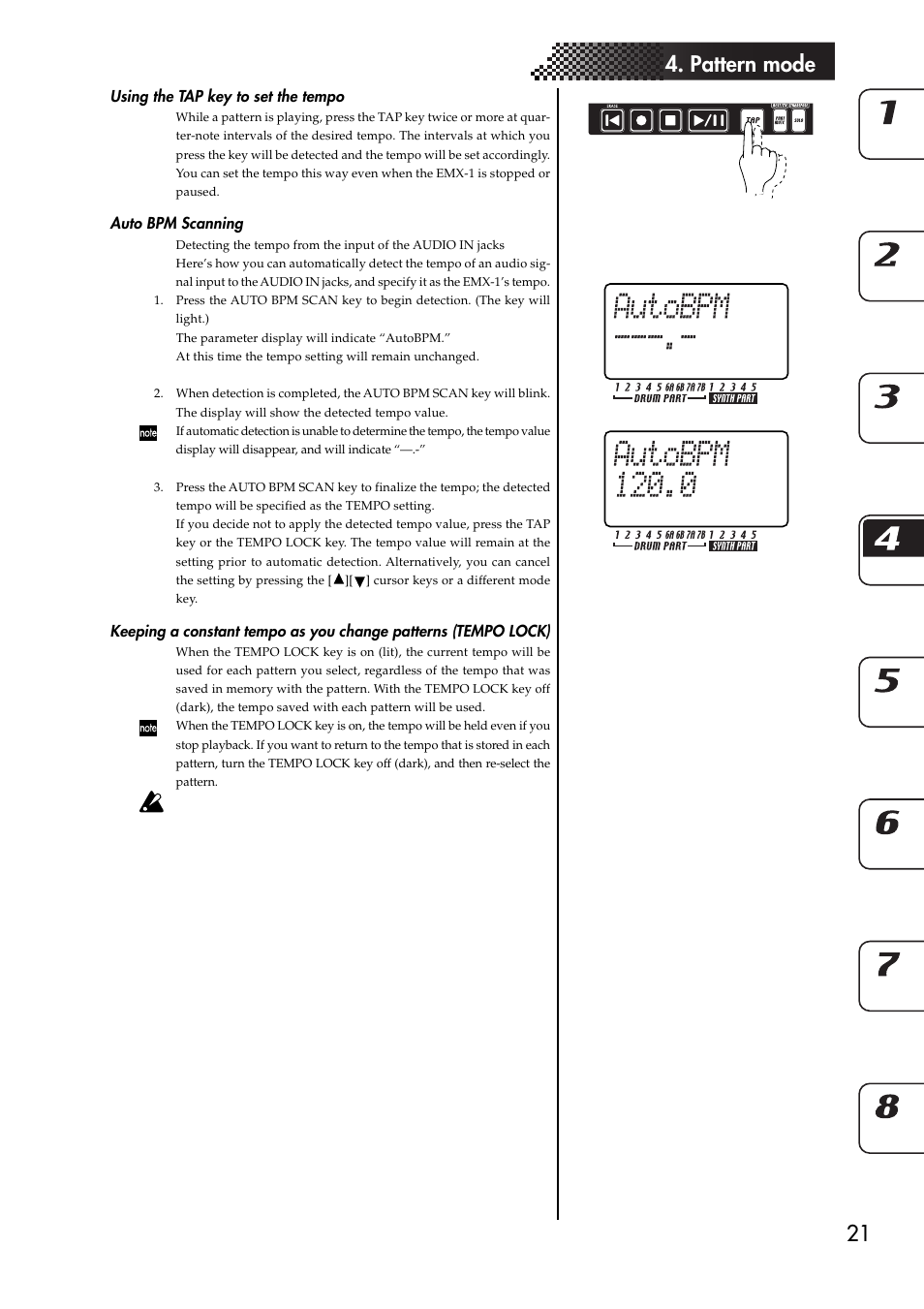 Using the tap key to set the tempo, Auto bpm scanning, Tempo lock) | 21 4. pattern mode | KORG EMX-1 User Manual | Page 21 / 99