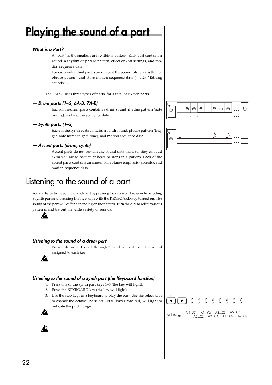 Playing the sound of a part, What is a part, Drum parts (1–5, 6a-b, 7a-b) | Synth parts (1–5), Accent parts (drum, synth), Listening to the sound of a part, Listening to the sound of a drum part, Function) | KORG EMX-1 User Manual | Page 22 / 99