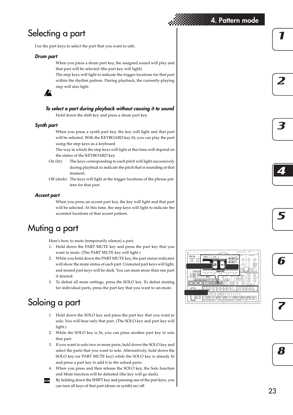 Selecting a part, Drum part, Synth part | Accent part, Muting a part, Soloing a part, Sound, Synth part accent part, Muting a part soloing a part, 23 4. pattern mode | KORG EMX-1 User Manual | Page 23 / 99