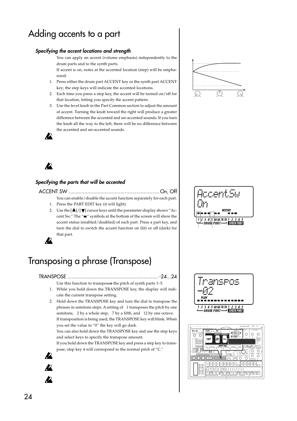 Adding accents to a part, Specifying the accent locations and strength, Specifying the parts that will be accented | Transposing a phrase (transpose) | KORG EMX-1 User Manual | Page 24 / 99