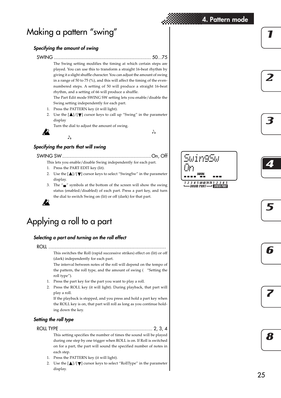 Making a pattern “swing, Specifying the amount of swing, Specifying the parts that will swing | Applying a roll to a part, Selecting a part and turning on the roll effect, Setting the roll type, 25 4. pattern mode | KORG EMX-1 User Manual | Page 25 / 99