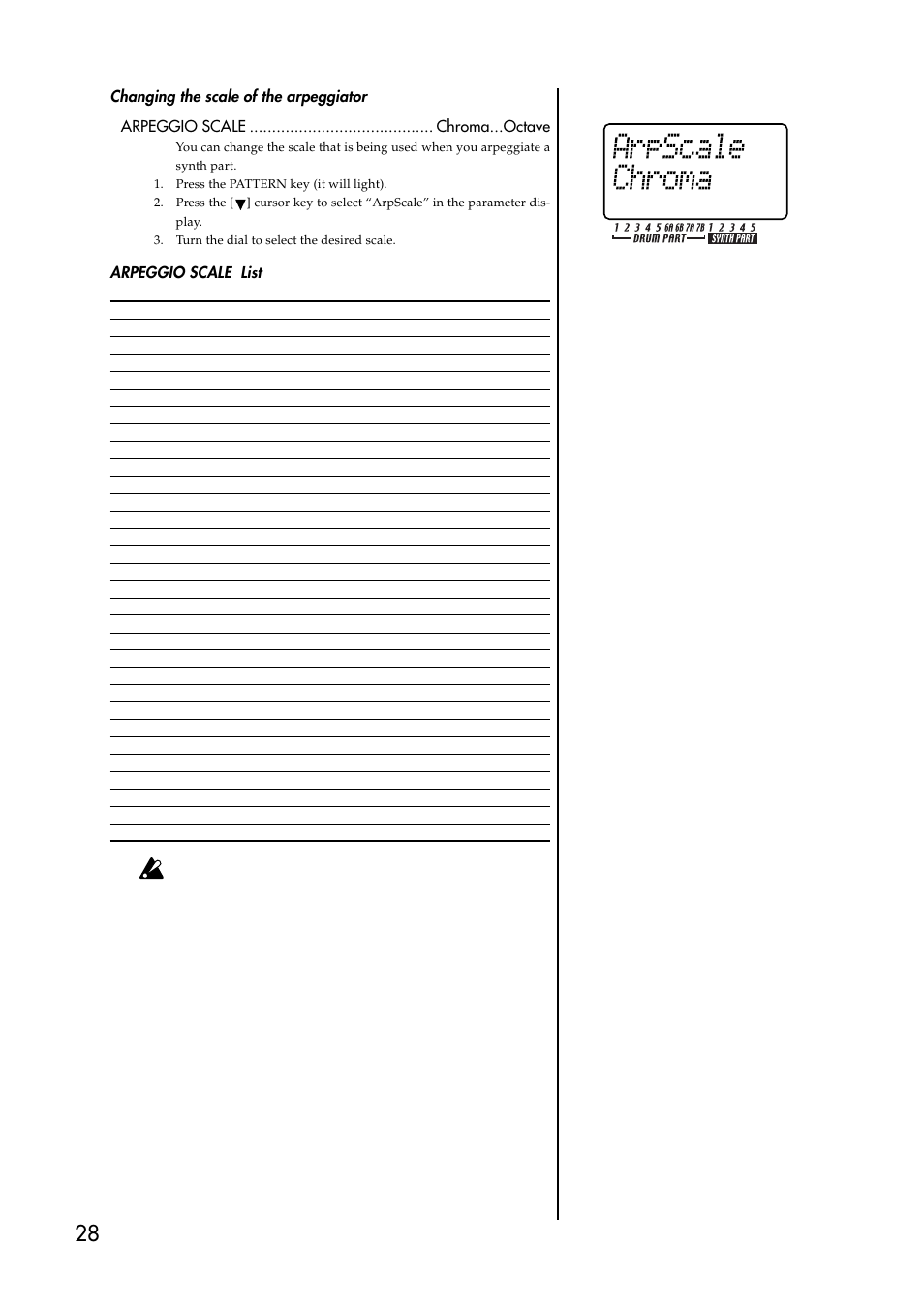 Changing the scale of the arpeggiator, Arpeggio scale list | KORG EMX-1 User Manual | Page 28 / 99