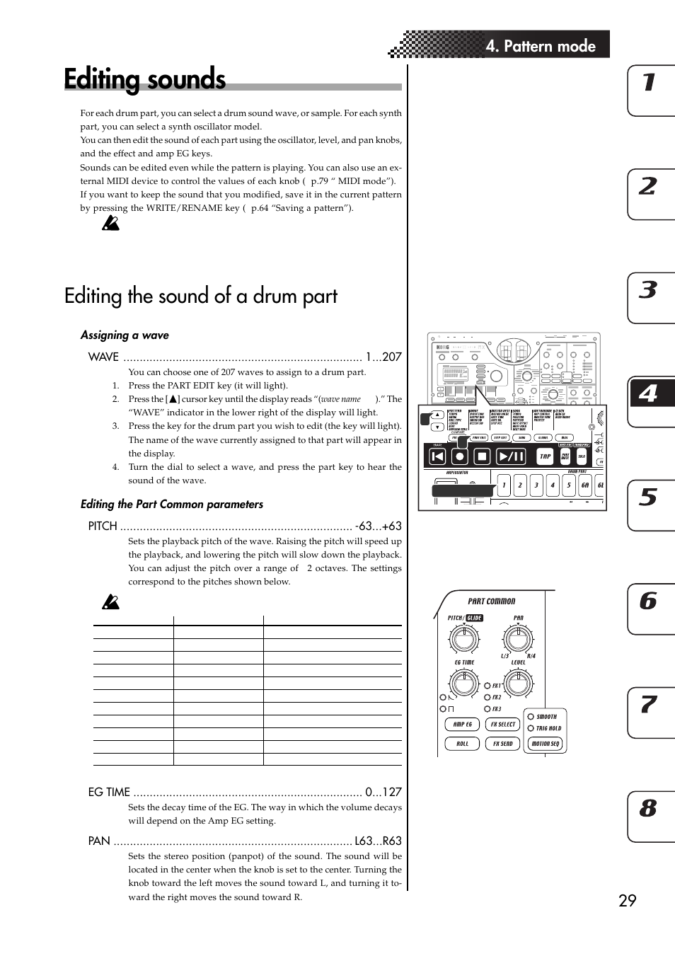 Editing sounds, Editing the sound of a drum part, Assigning a wave | Editing the part common parameters, 29 4. pattern mode | KORG EMX-1 User Manual | Page 29 / 99