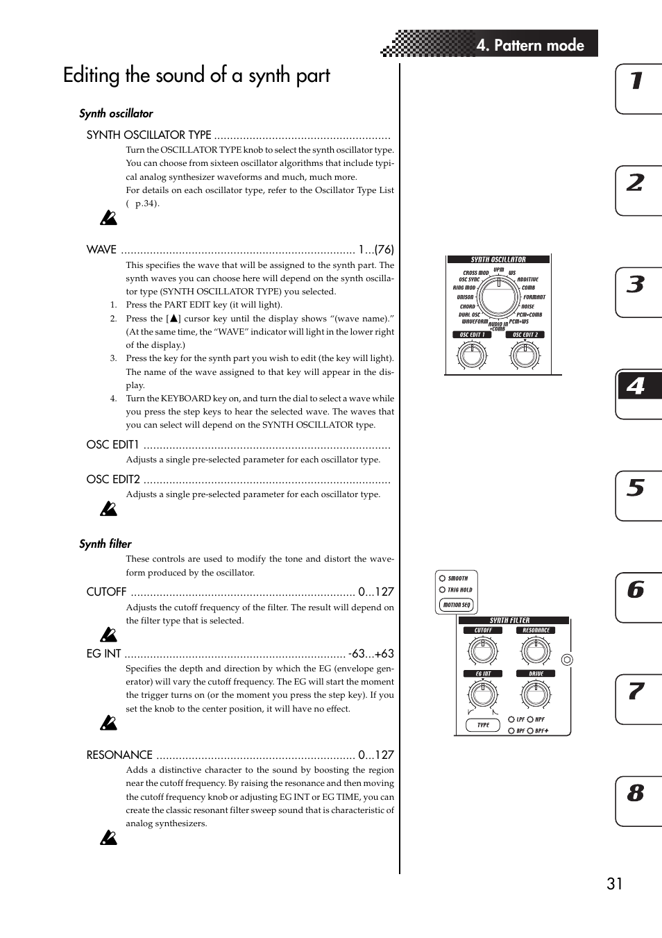 Editing the sound of a synth part, Synth oscillator, Synth filter | Synth oscillator synth filter, 31 4. pattern mode | KORG EMX-1 User Manual | Page 31 / 99