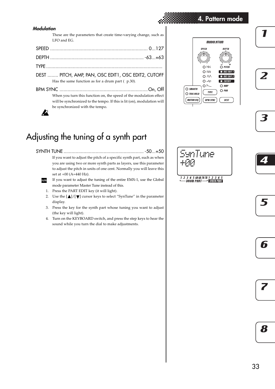 Modulation, Adjusting the tuning of a synth part, 33 4. pattern mode | KORG EMX-1 User Manual | Page 33 / 99