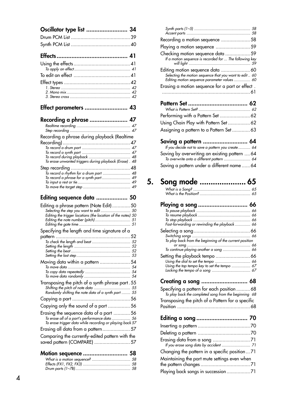 Song mode, Oscillator type list, Effects | Effect parameters recording a phrase, Editing sequence data, Motion sequence, Pattern set, Saving a pattern, Playing a song, Creating a song | KORG EMX-1 User Manual | Page 4 / 99