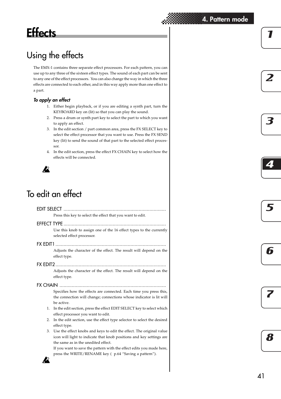 Effects, Using the effects, To apply an effect | To edit an effect, 41 4. pattern mode | KORG EMX-1 User Manual | Page 41 / 99