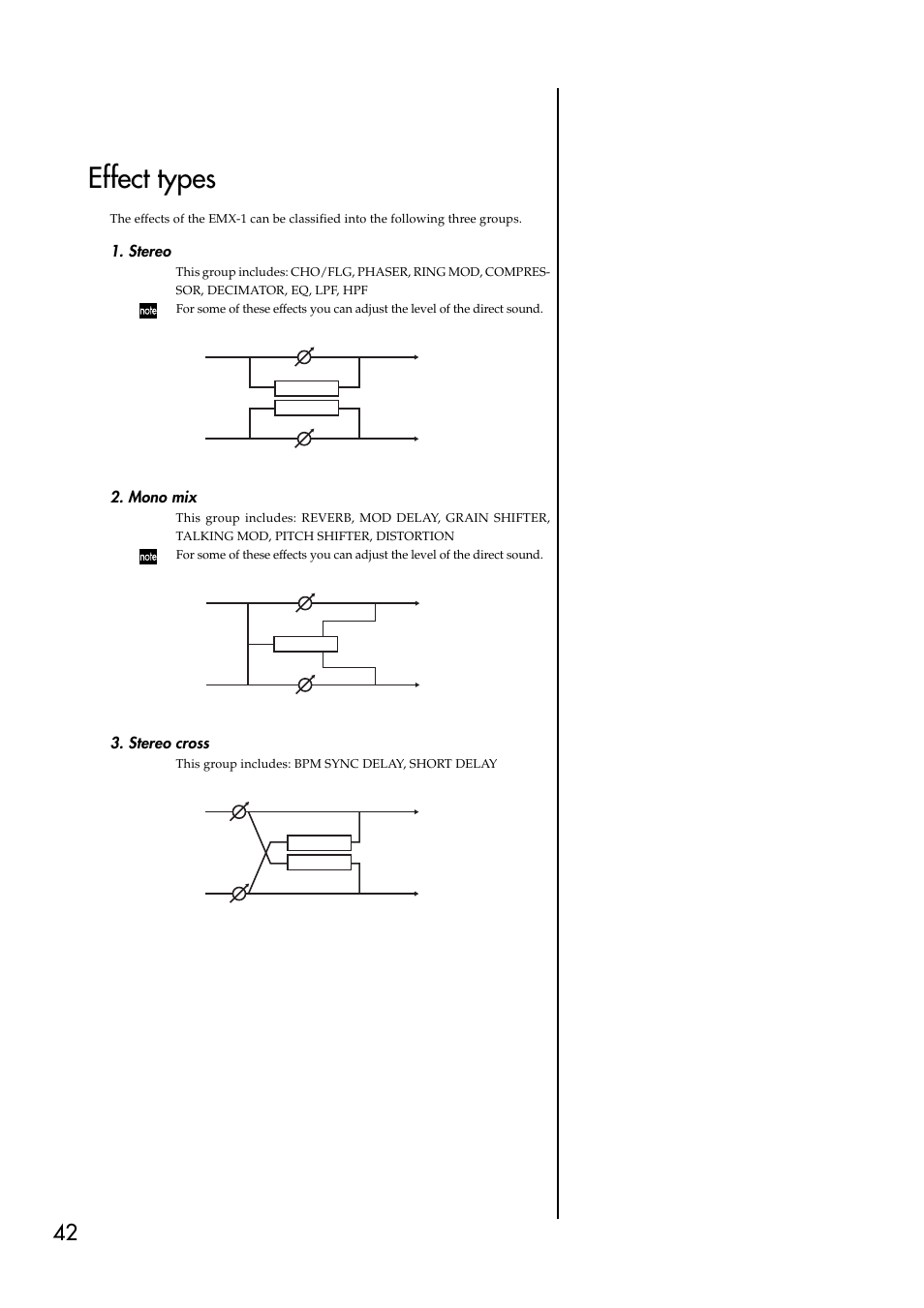 Effect types, Stereo, Mono mix | Stereo cross, Stereo 2. mono mix 3. stereo cross | KORG EMX-1 User Manual | Page 42 / 99