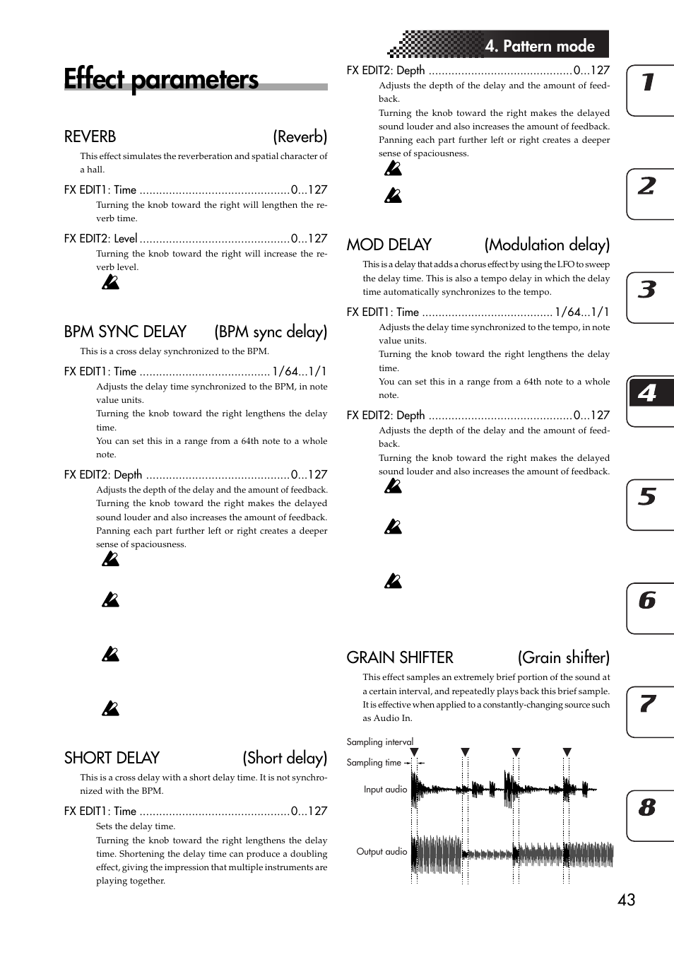 Effect parameters, 43 4. pattern mode, Reverb (reverb) | Bpm sync delay (bpm sync delay), Short delay (short delay), Mod delay (modulation delay), Grain shifter (grain shifter) | KORG EMX-1 User Manual | Page 43 / 99