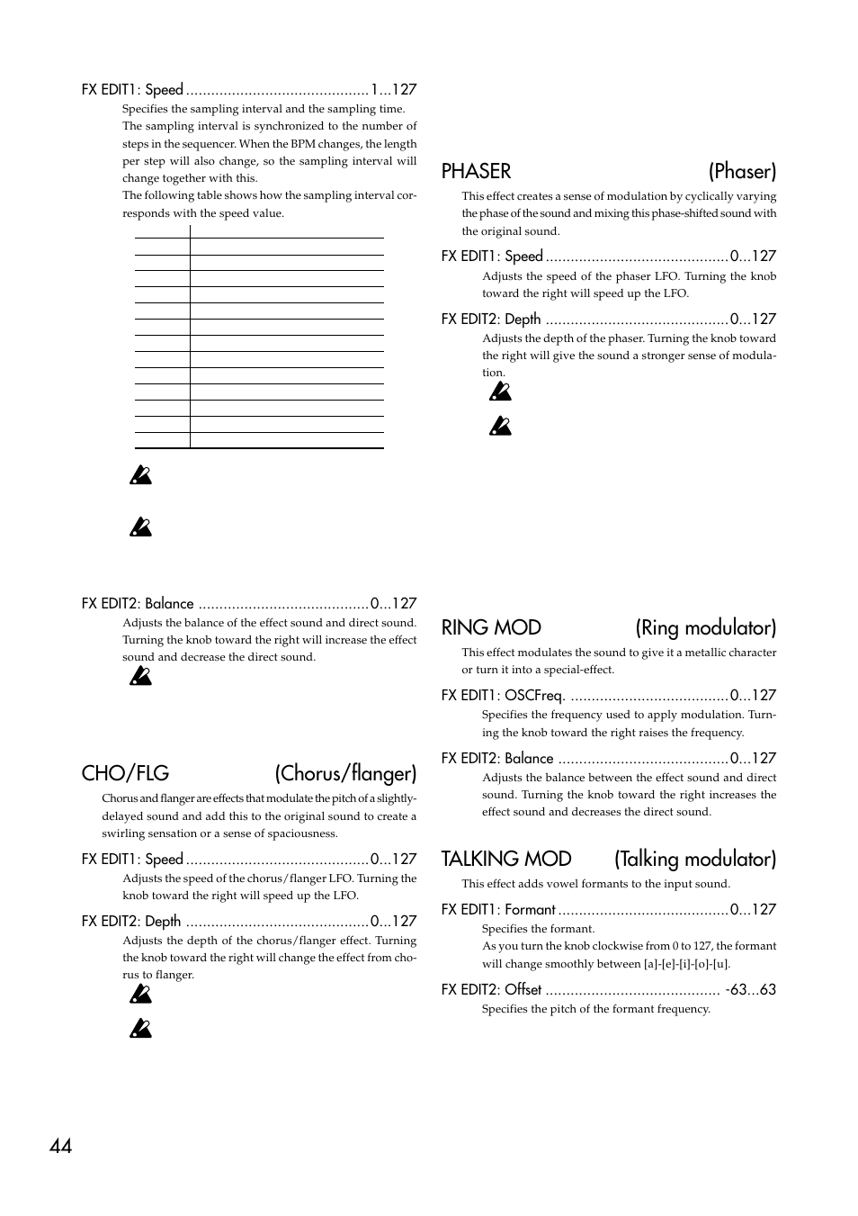 Cho/flg (chorus/flanger), Phaser (phaser), Ring mod (ring modulator) | Talking mod (talking modulator) | KORG EMX-1 User Manual | Page 44 / 99