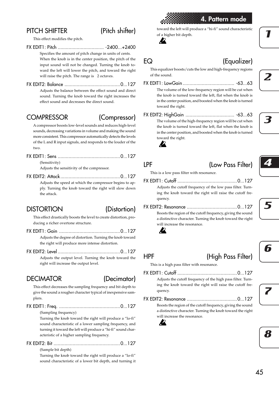 45 4. pattern mode pitch shifter (pitch shifter), Compressor (compressor), Distortion (distortion) | Decimator (decimator), Eq (equalizer), Lpf (low pass filter), Hpf (high pass filter) | KORG EMX-1 User Manual | Page 45 / 99