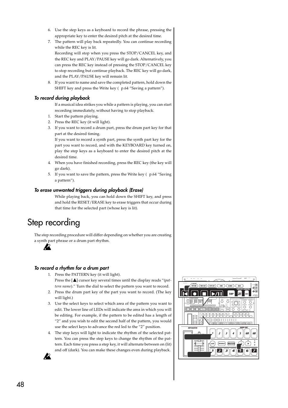 To record during playback, To erase unwanted triggers during playback (erase), Step recording | To record a rhythm for a drum part | KORG EMX-1 User Manual | Page 48 / 99