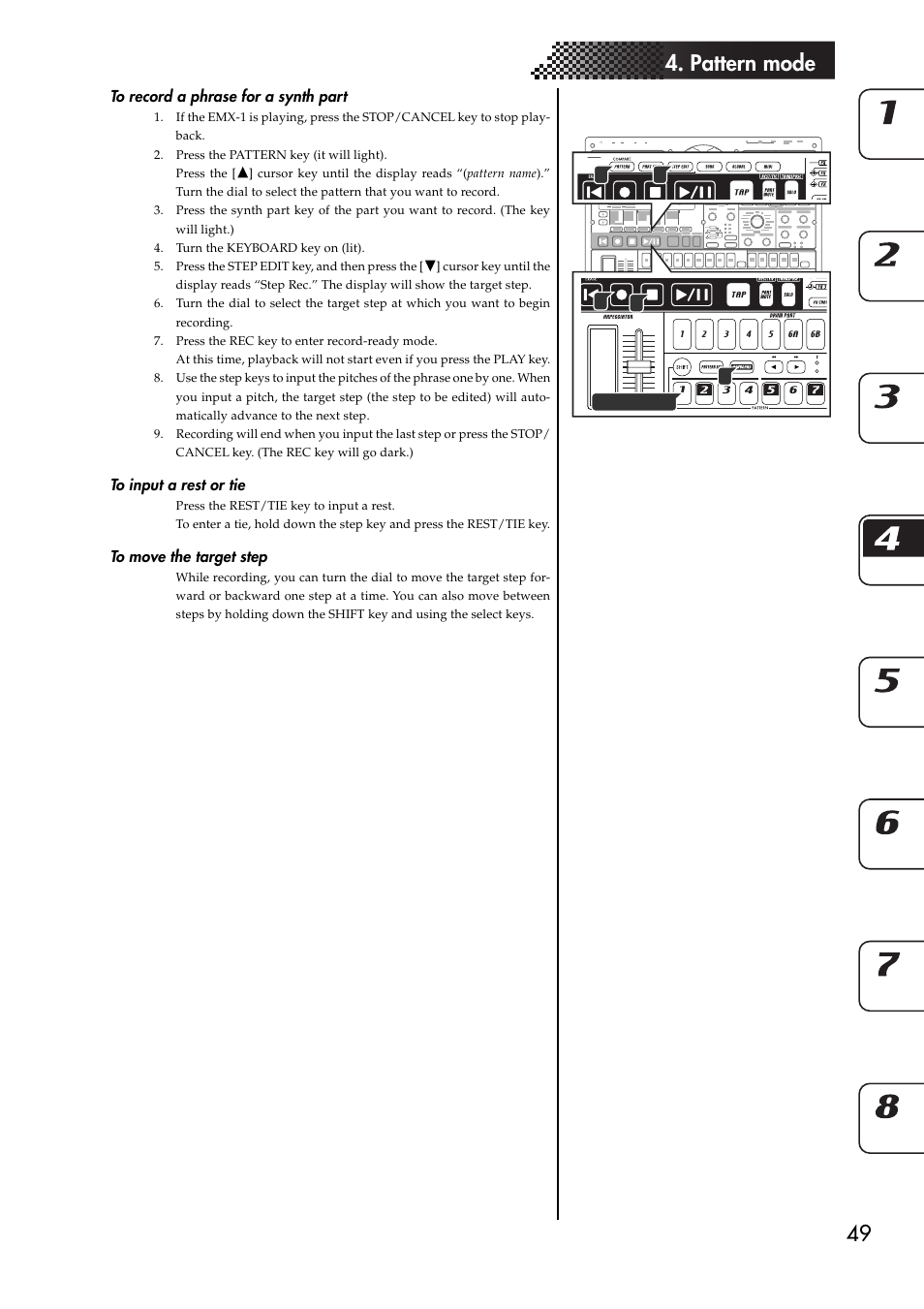 To record a phrase for a synth part, To input a rest or tie, To move the target step | 49 4. pattern mode | KORG EMX-1 User Manual | Page 49 / 99