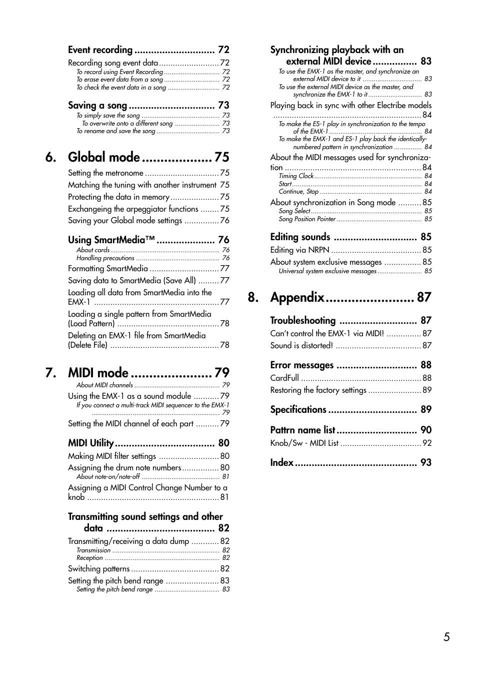 Global mode, Midi mode, Appendix | KORG EMX-1 User Manual | Page 5 / 99