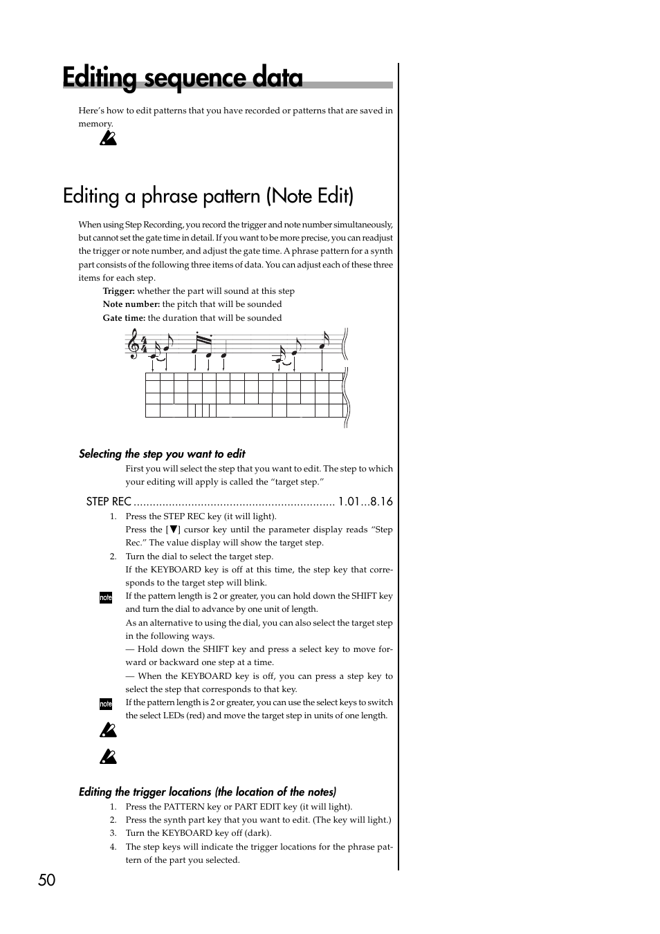 Editing sequence data, Editing a phrase pattern (note edit), Selecting the step you want to edit | Step rec | KORG EMX-1 User Manual | Page 50 / 99