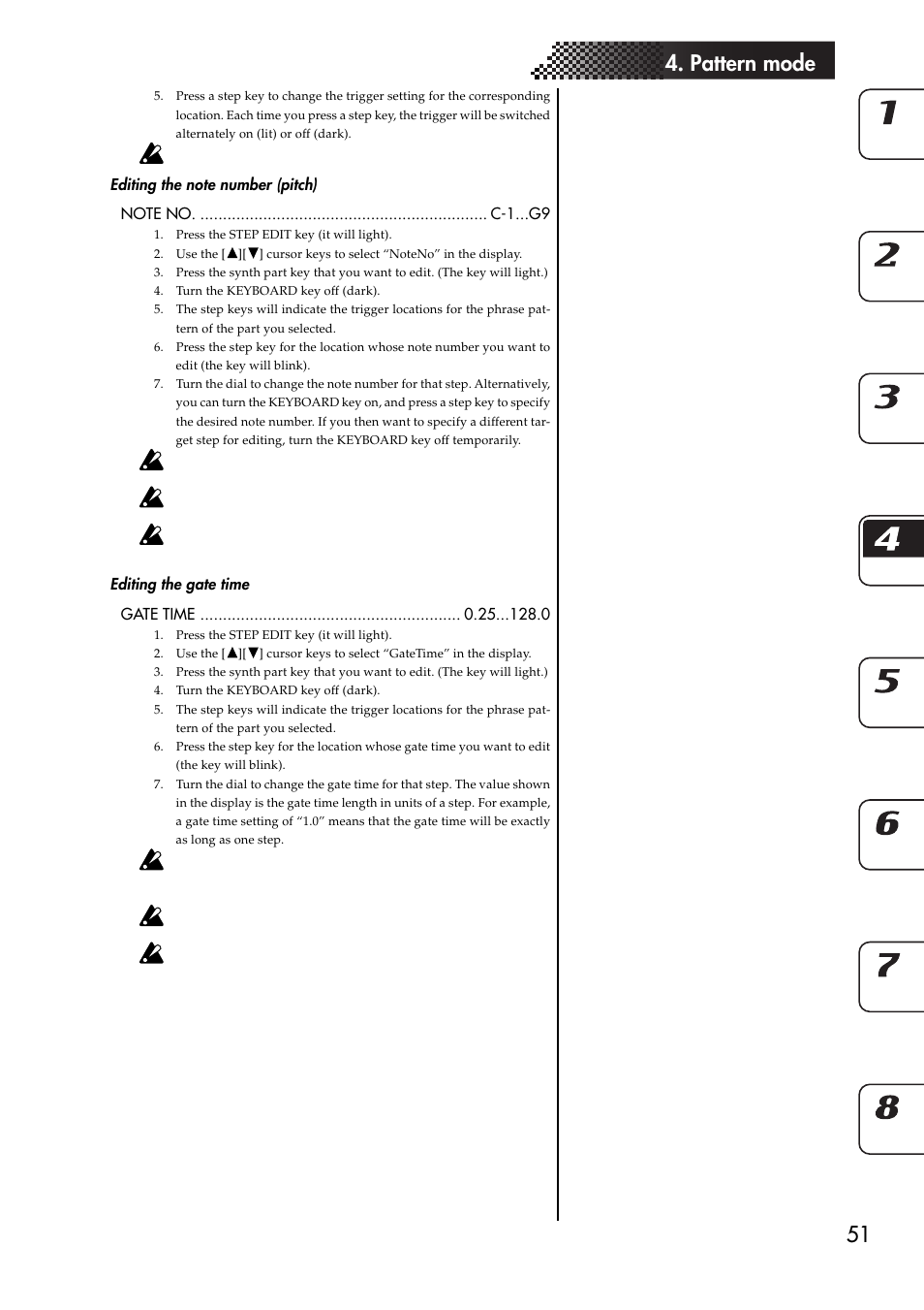 Editing the note number (pitch), Editing the gate time, 51 4. pattern mode | KORG EMX-1 User Manual | Page 51 / 99