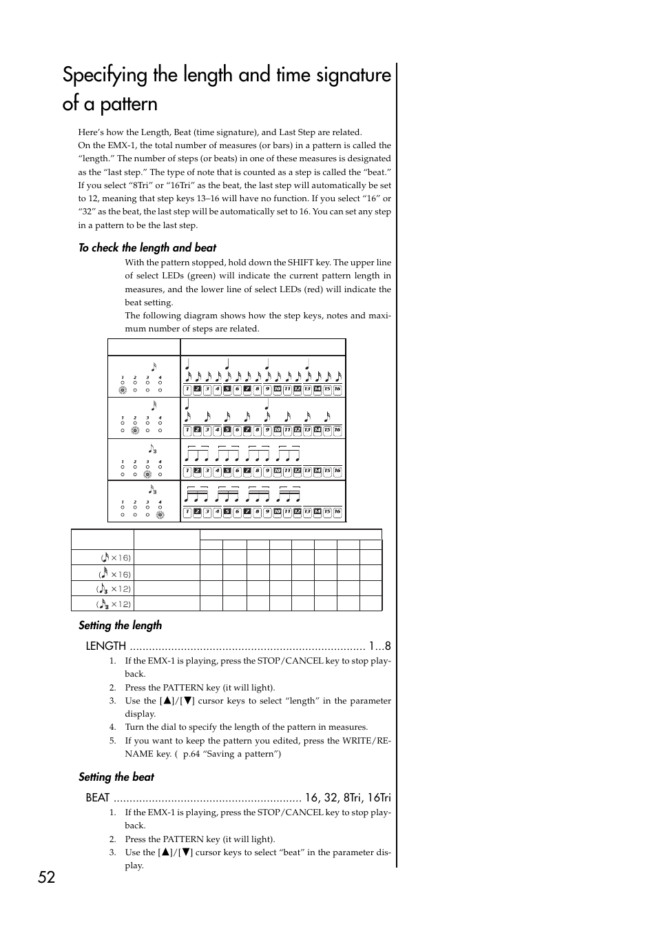 To check the length and beat, Setting the length, Setting the beat | 16tri beat, Setting the length length | KORG EMX-1 User Manual | Page 52 / 99