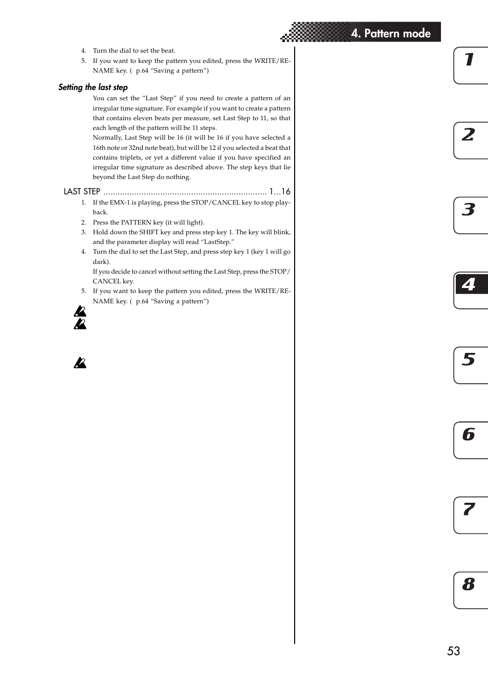 Setting the last step, 53 4. pattern mode | KORG EMX-1 User Manual | Page 53 / 99