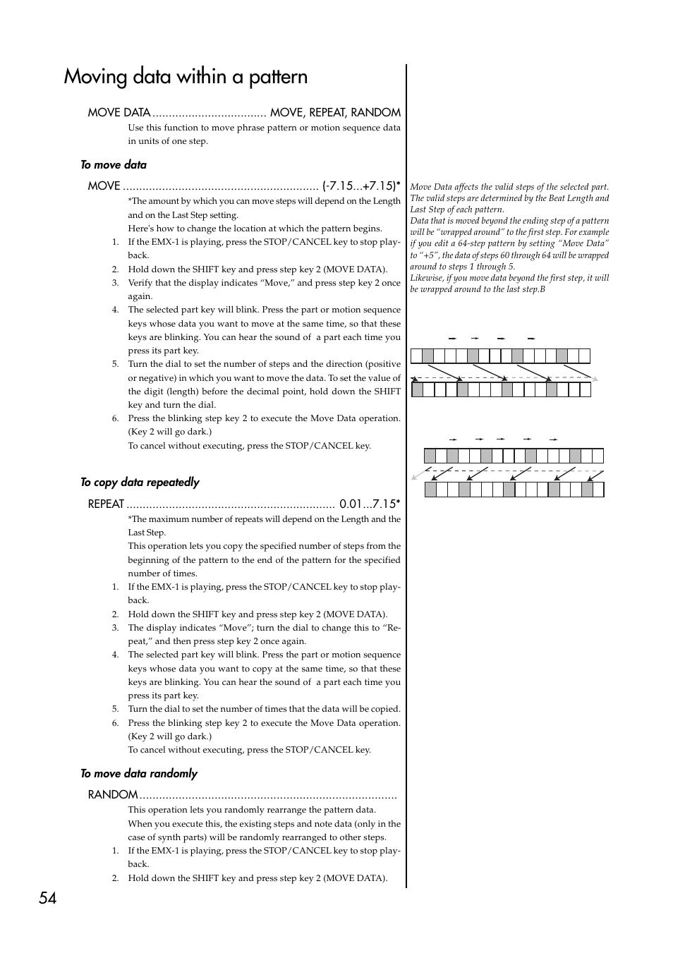 Moving data within a pattern, To move data, To copy data repeatedly | To move data randomly | KORG EMX-1 User Manual | Page 54 / 99