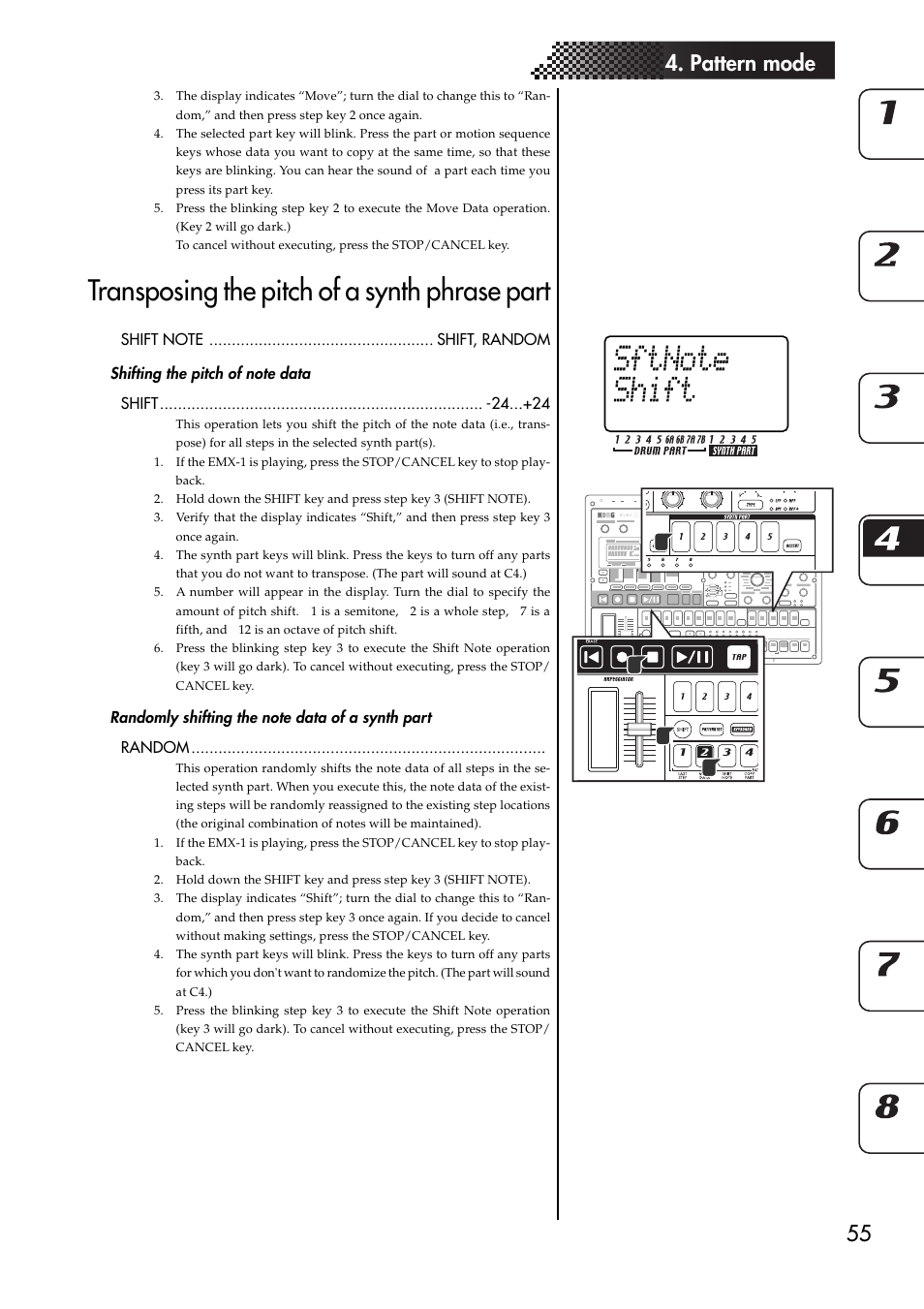 Transposing the pitch of a synth phrase part, Shifting the pitch of note data, Randomly shifting the note data of a synth part | Transposing the pitch of a synth phrase part . 55, 55 4. pattern mode | KORG EMX-1 User Manual | Page 55 / 99