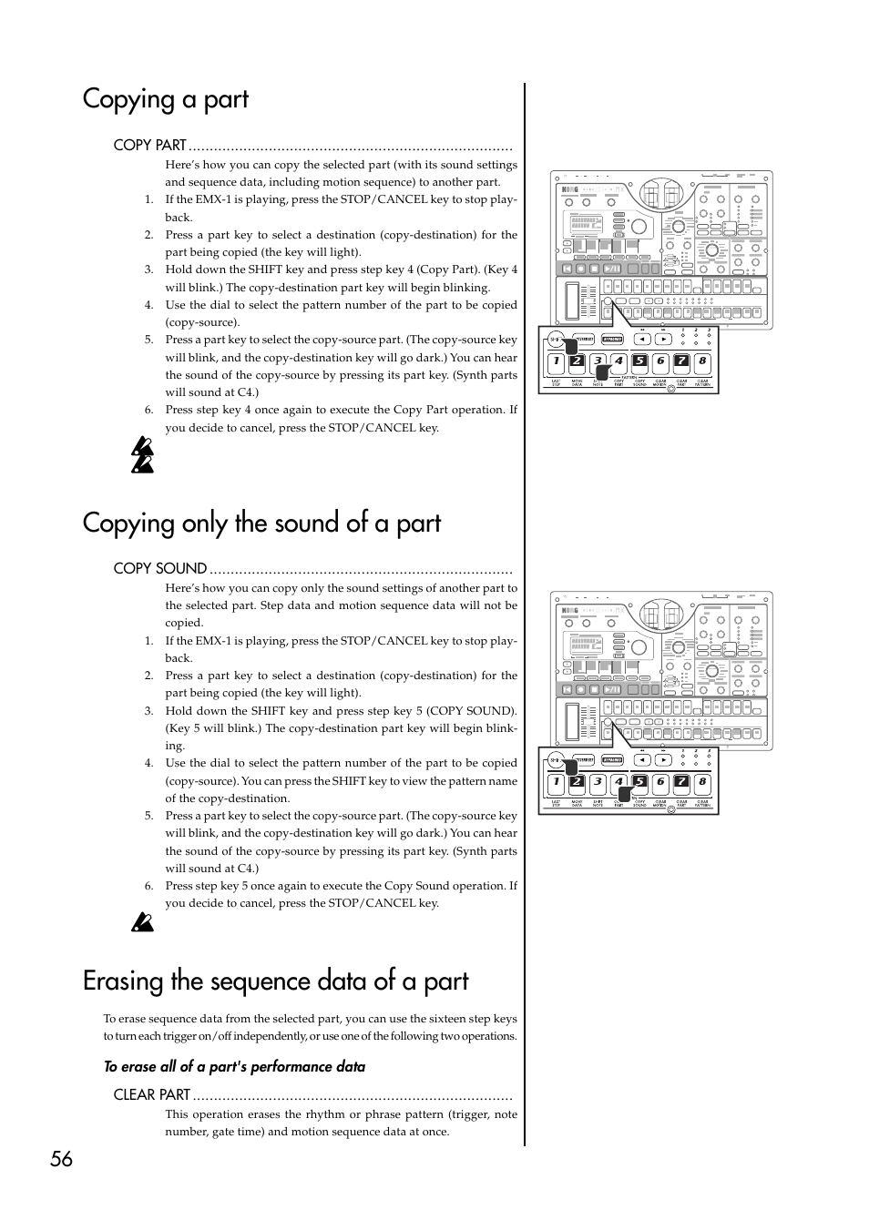 Copying a part, Copying only the sound of a part, Erasing the sequence data of a part | To erase all of a part's performance data | KORG EMX-1 User Manual | Page 56 / 99