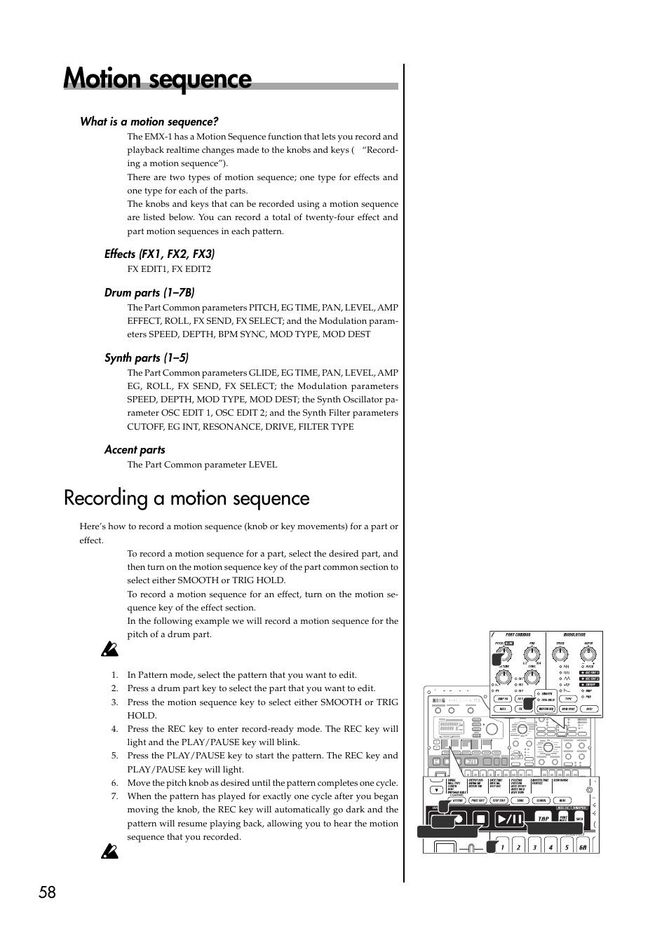 Motion sequence, What is a motion sequence, Effects (fx1, fx2, fx3) | Drum parts (1–7b), Synth parts (1–5), Accent parts, Recording a motion sequence, Synth parts (1–5) accent parts | KORG EMX-1 User Manual | Page 58 / 99