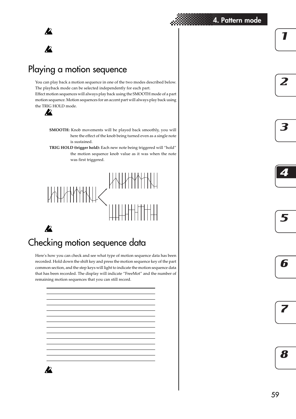 Playing a motion sequence, Checking motion sequence data, Will light | 59 4. pattern mode | KORG EMX-1 User Manual | Page 59 / 99