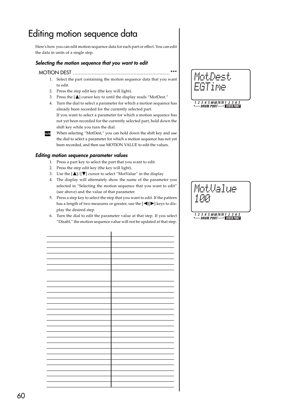 Editing motion sequence data, Editing motion sequence parameter values | KORG EMX-1 User Manual | Page 60 / 99