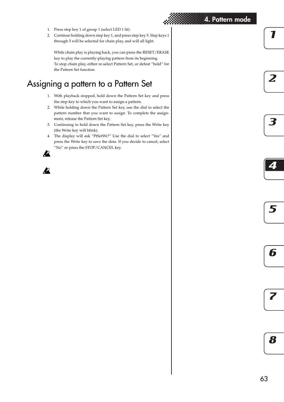 Assigning a pattern to a pattern set, Saving a pattern, 63 4. pattern mode | KORG EMX-1 User Manual | Page 63 / 99