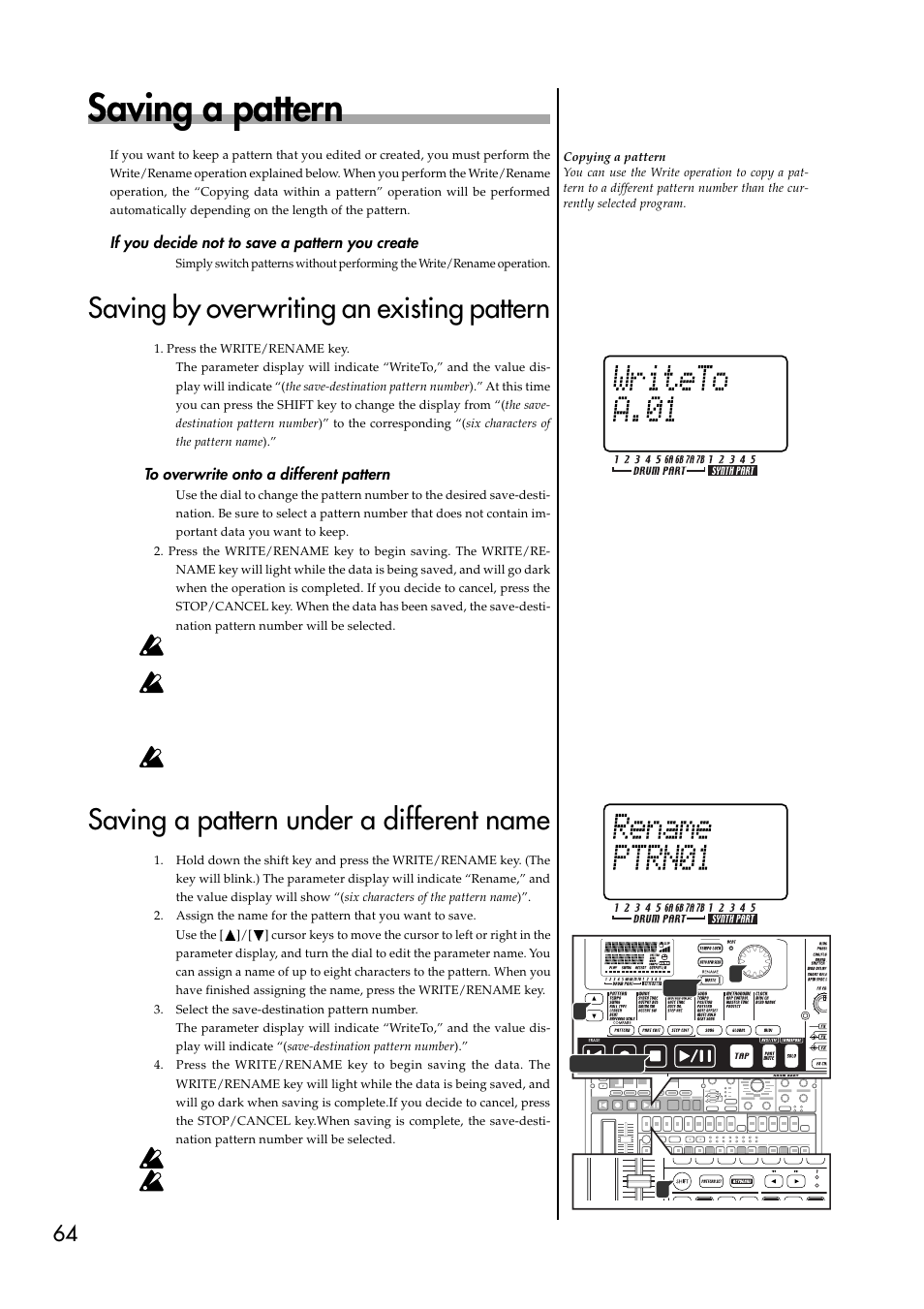 Saving a pattern, If you decide not to save a pattern you create, Saving by overwriting an existing pattern | To overwrite onto a different pattern, Saving a pattern under a different name | KORG EMX-1 User Manual | Page 64 / 99