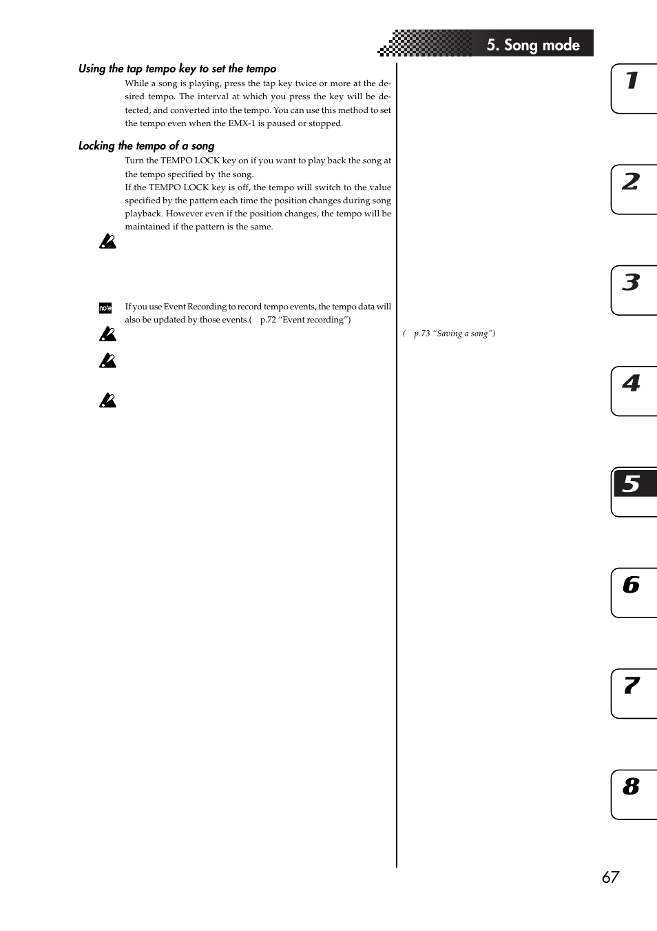 Using the tap tempo key to set the tempo, Locking the tempo of a song, Creating a song | 67 5. song mode | KORG EMX-1 User Manual | Page 67 / 99