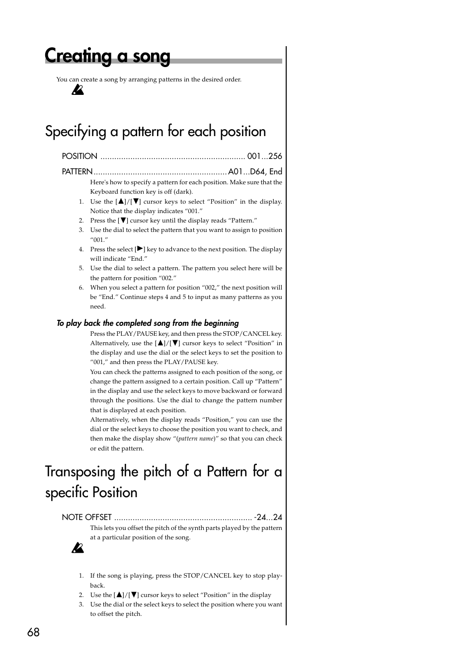 Creating a song, Specifying a pattern for each position, To play back the completed song from the beginning | KORG EMX-1 User Manual | Page 68 / 99