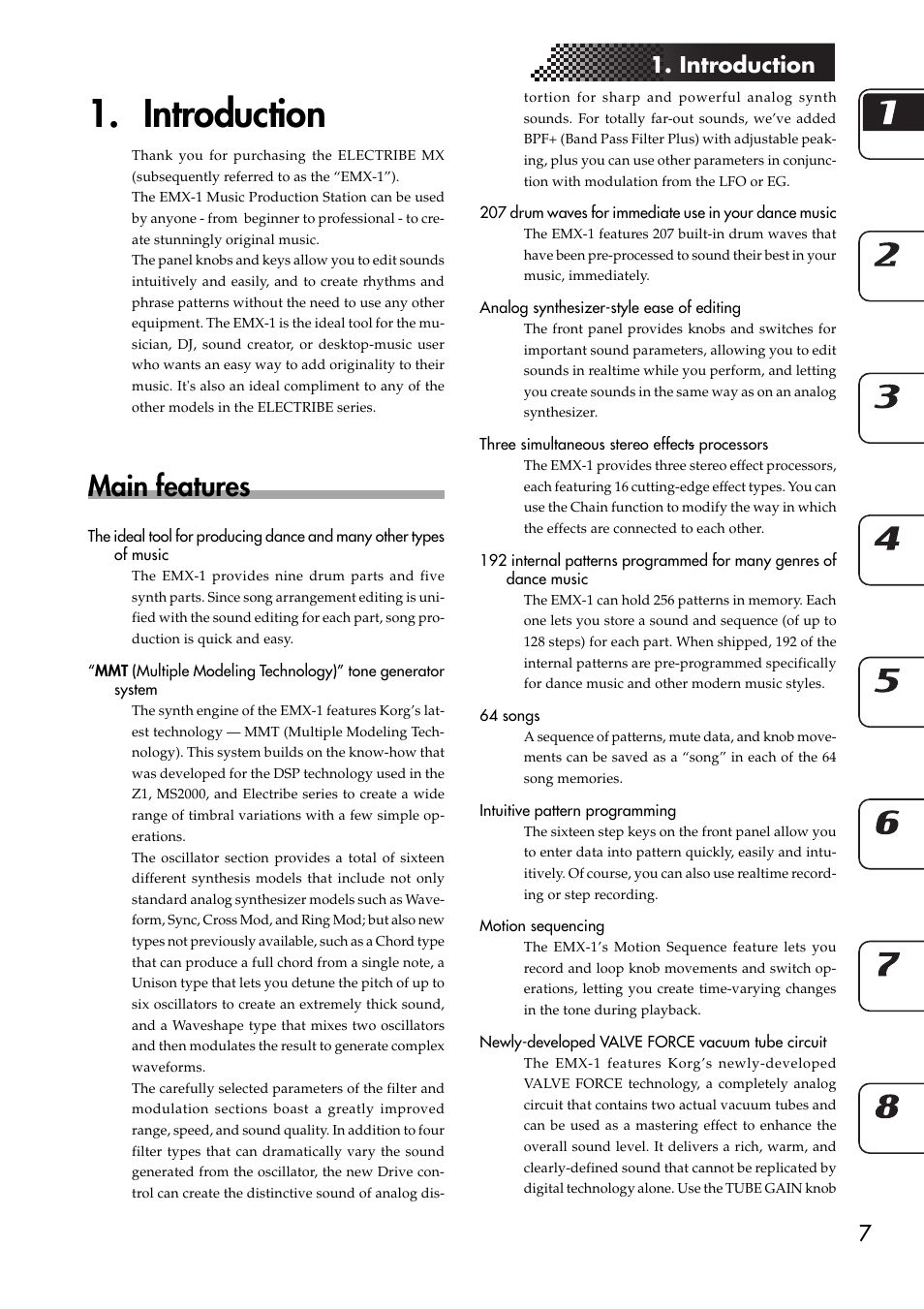 Introduction, Main features | KORG EMX-1 User Manual | Page 7 / 99