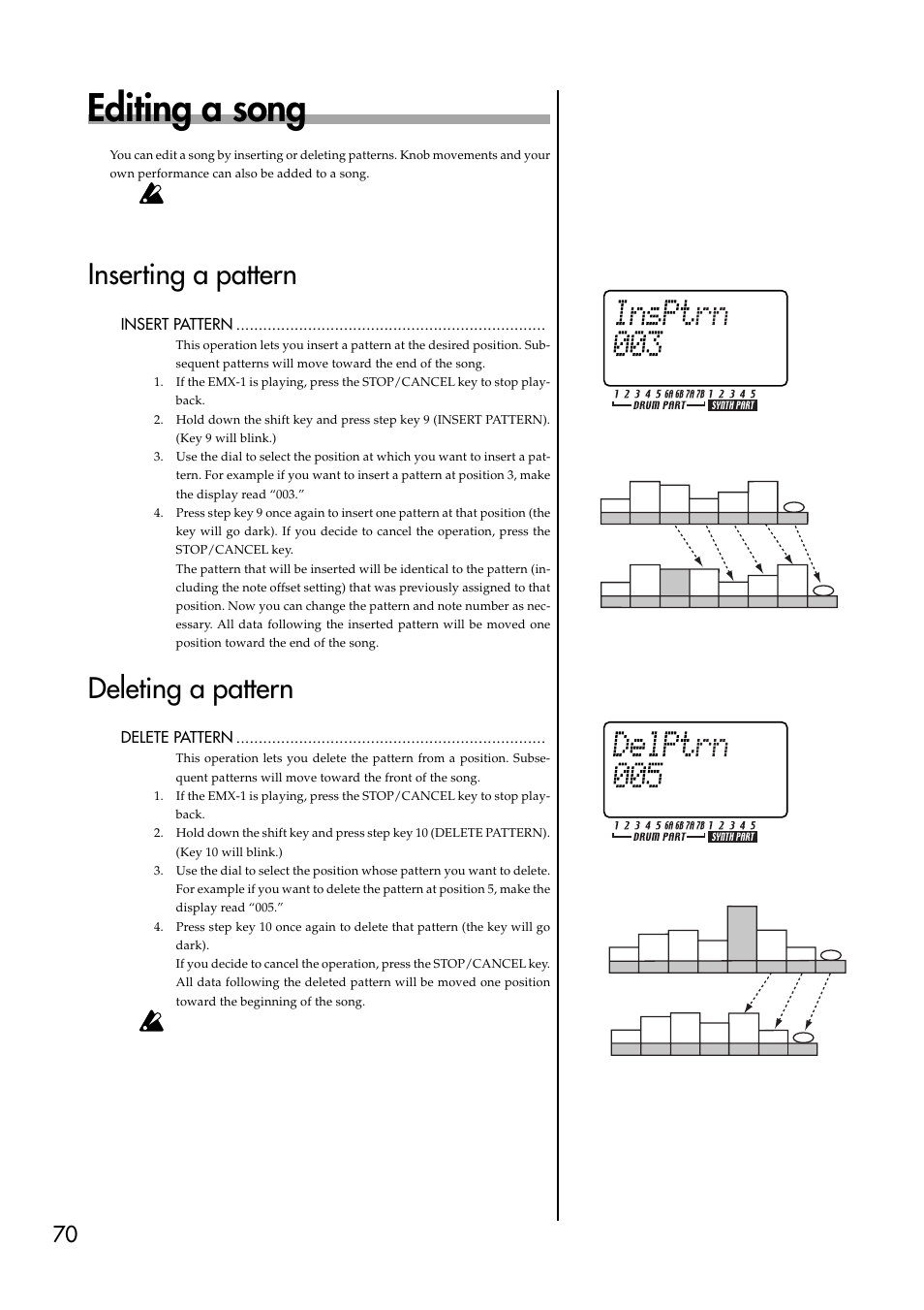 Editing a song, Inserting a pattern, Deleting a pattern | Insert pattern, Delete pattern, Insert a new pattern at position 3 | KORG EMX-1 User Manual | Page 70 / 99