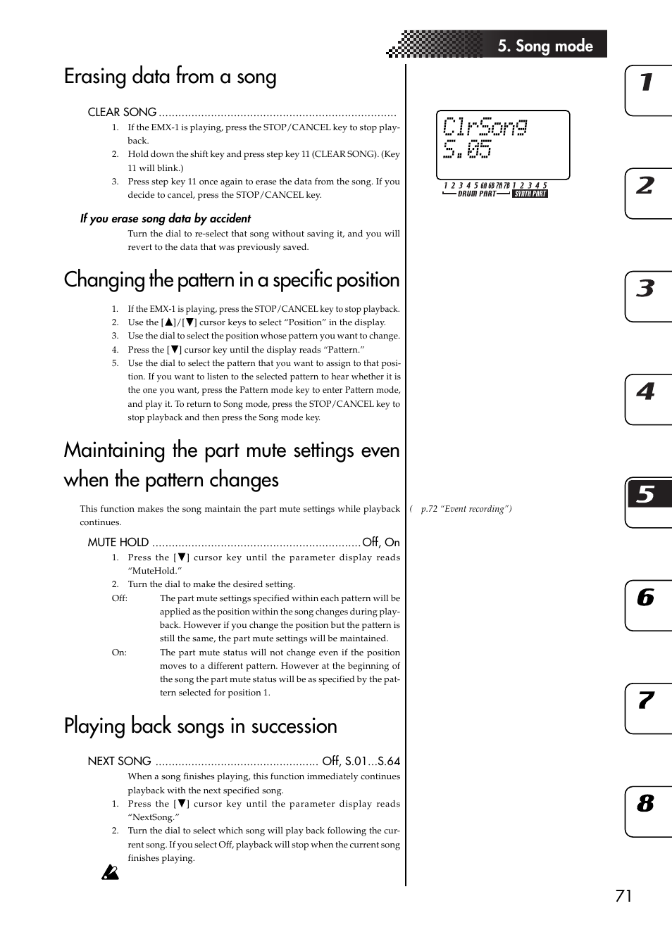 Erasing data from a song, If you erase song data by accident, Changing the pattern in a specific position | Playing back songs in succession, Event recording, 71 5. song mode | KORG EMX-1 User Manual | Page 71 / 99