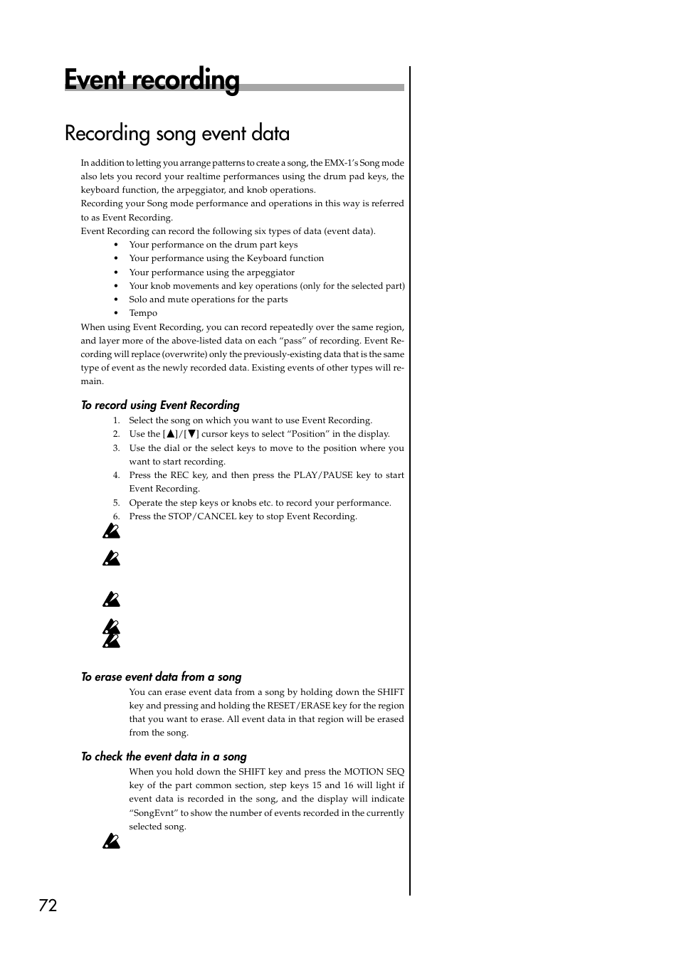 Event recording, Recording song event data, To record using event recording | To erase event data from a song, To check the event data in a song, Saving a song | KORG EMX-1 User Manual | Page 72 / 99