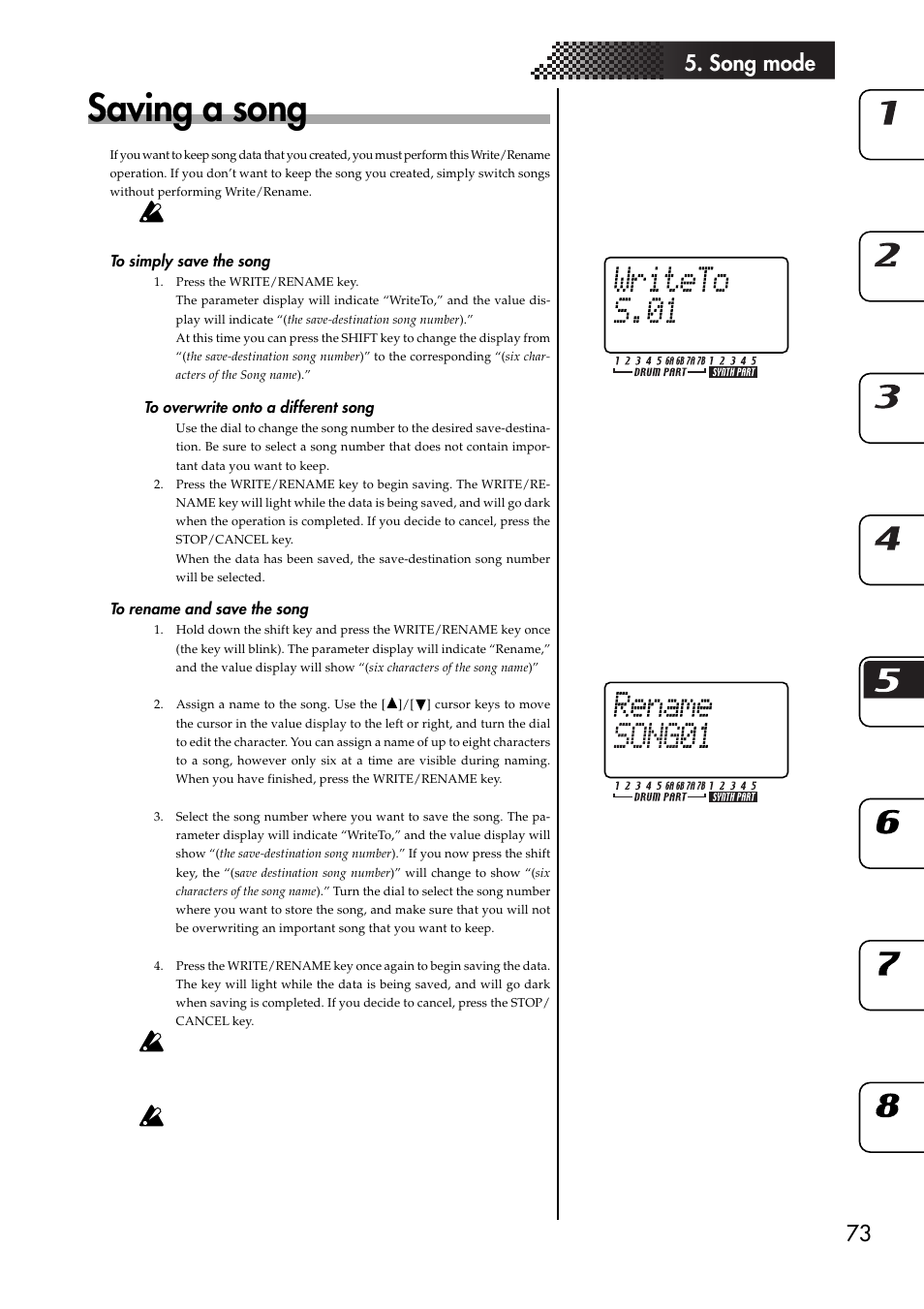 Saving a song, To simply save the song, To overwrite onto a different song | To rename and save the song, 73 5. song mode | KORG EMX-1 User Manual | Page 73 / 99