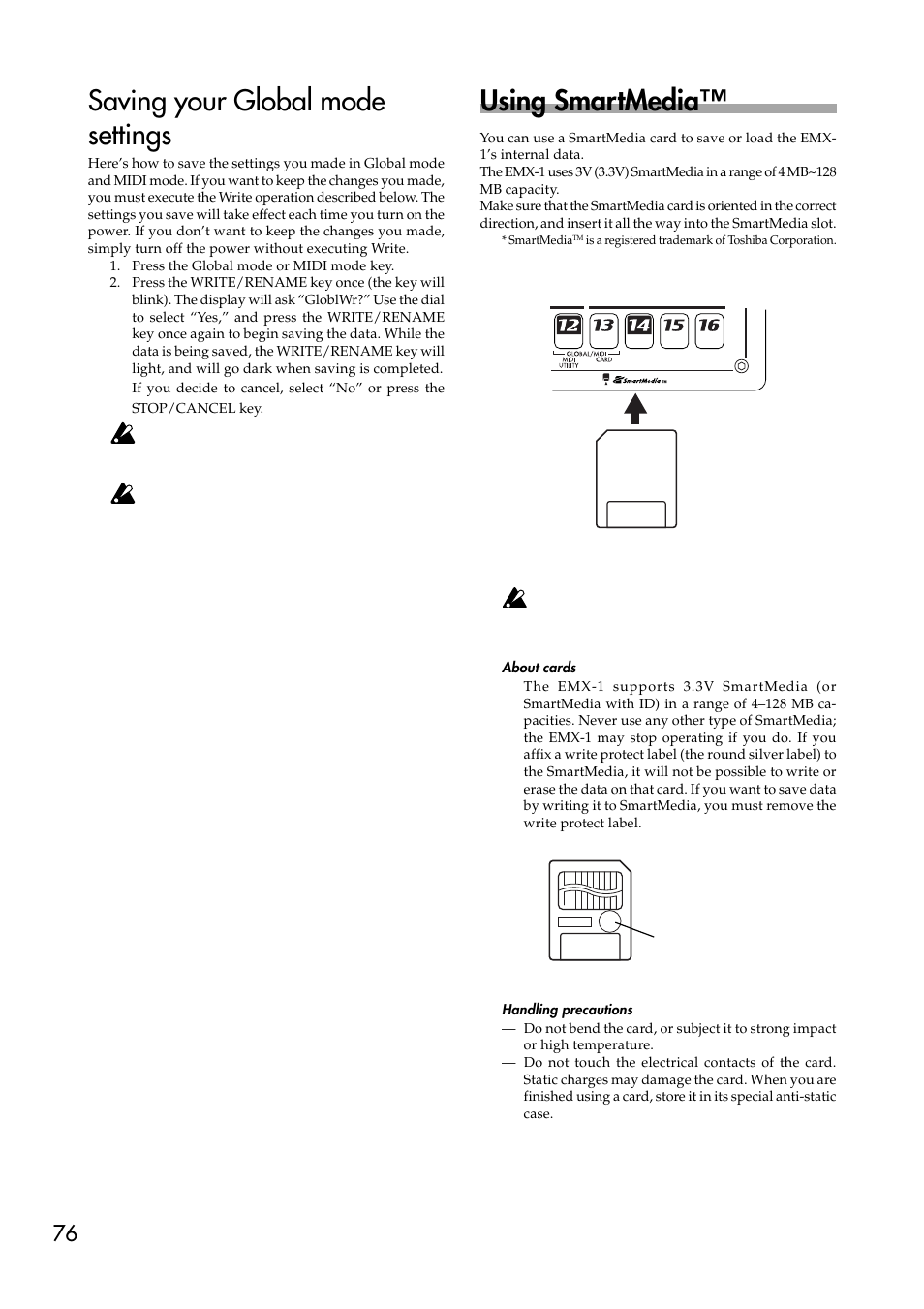 Saving your global mode settings, Using smartmedia, About cards | Handling precautions, About cards handling precautions | KORG EMX-1 User Manual | Page 76 / 99