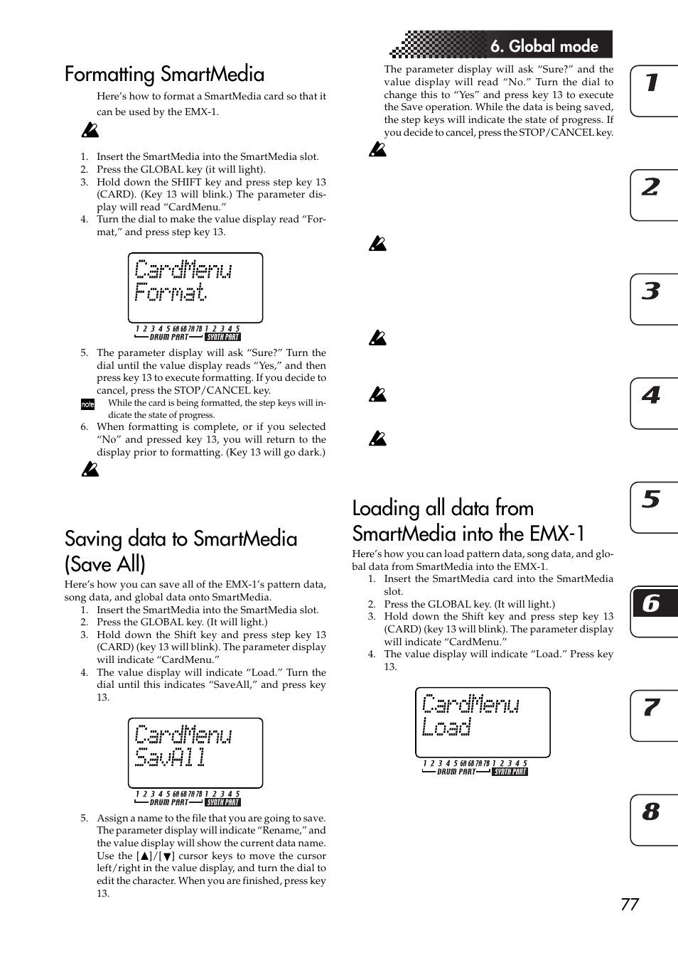 Formatting smartmedia, Saving data to smartmedia (save all), Loading all data from smartmedia into the emx-1 | 77 6. global mode | KORG EMX-1 User Manual | Page 77 / 99