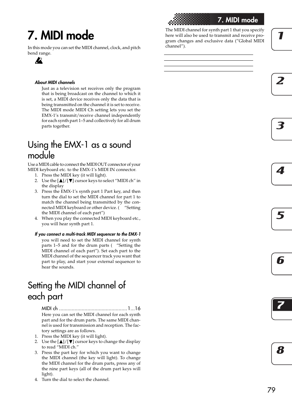 Midi mode, About midi channels, Using the emx-1 as a sound module | Setting the midi channel of each part, 79 7. midi mode | KORG EMX-1 User Manual | Page 79 / 99