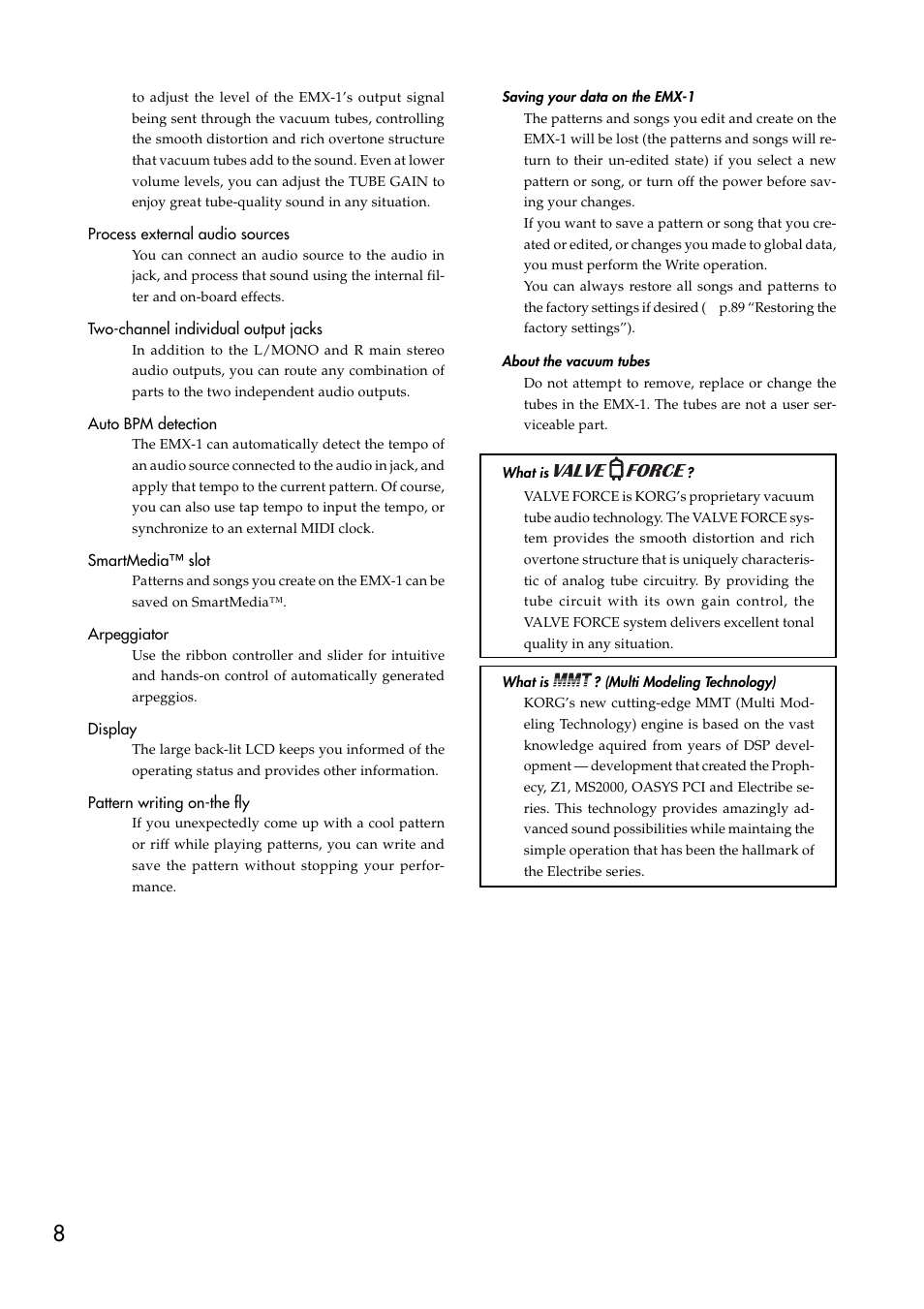 Saving your data on the emx-1, About the vacuum tubes, What is valve force | What is mmt? (multi modeling technology), What is, Multi modeling technology) | KORG EMX-1 User Manual | Page 8 / 99