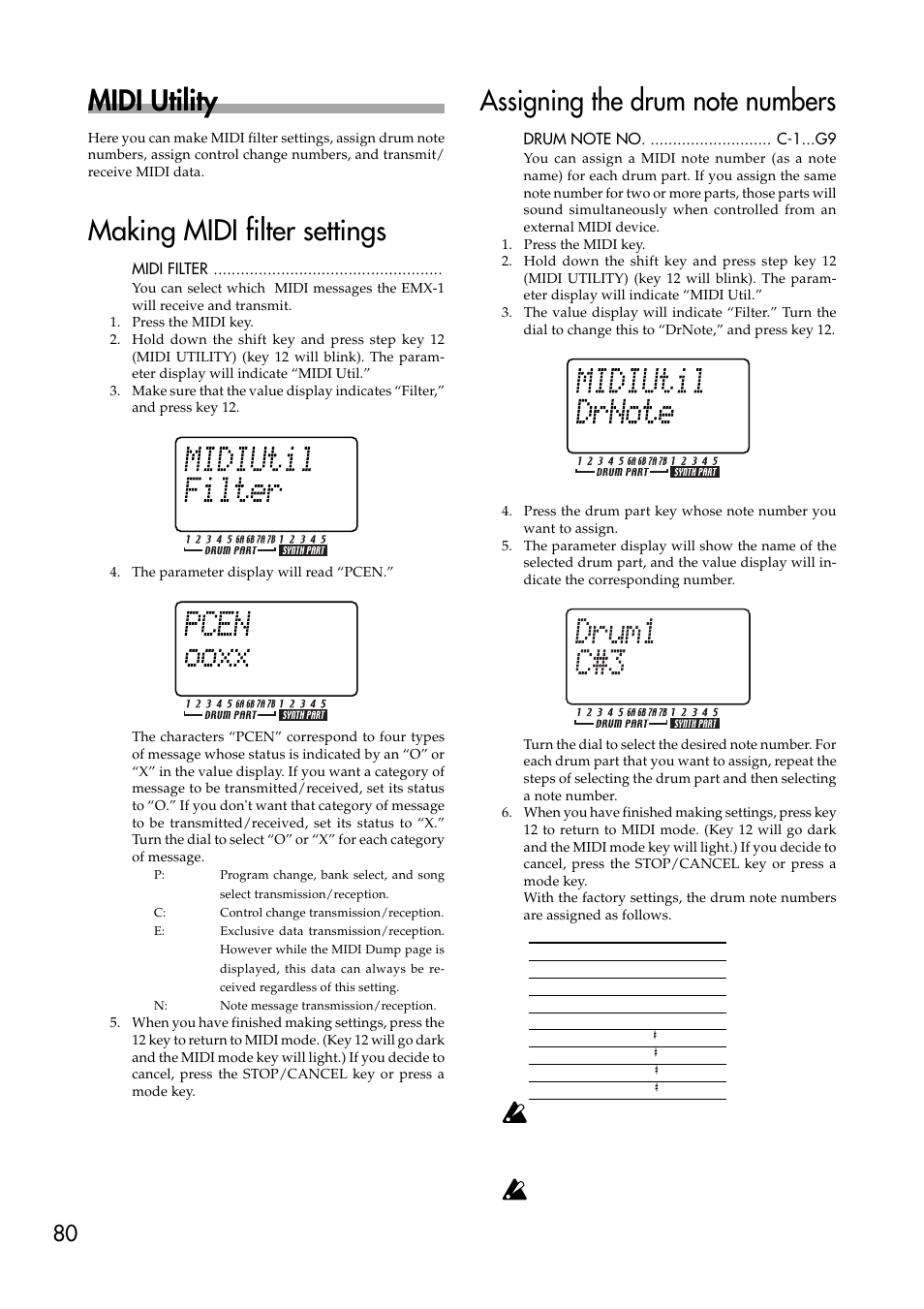 Midi utility, Making midi filter settings, Assigning the drum note numbers | KORG EMX-1 User Manual | Page 80 / 99