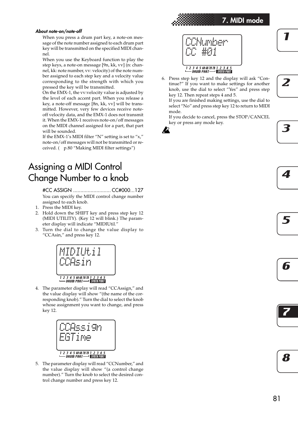 About note-on/note-off, Assigning a midi control change number to a knob, 81 7. midi mode | KORG EMX-1 User Manual | Page 81 / 99