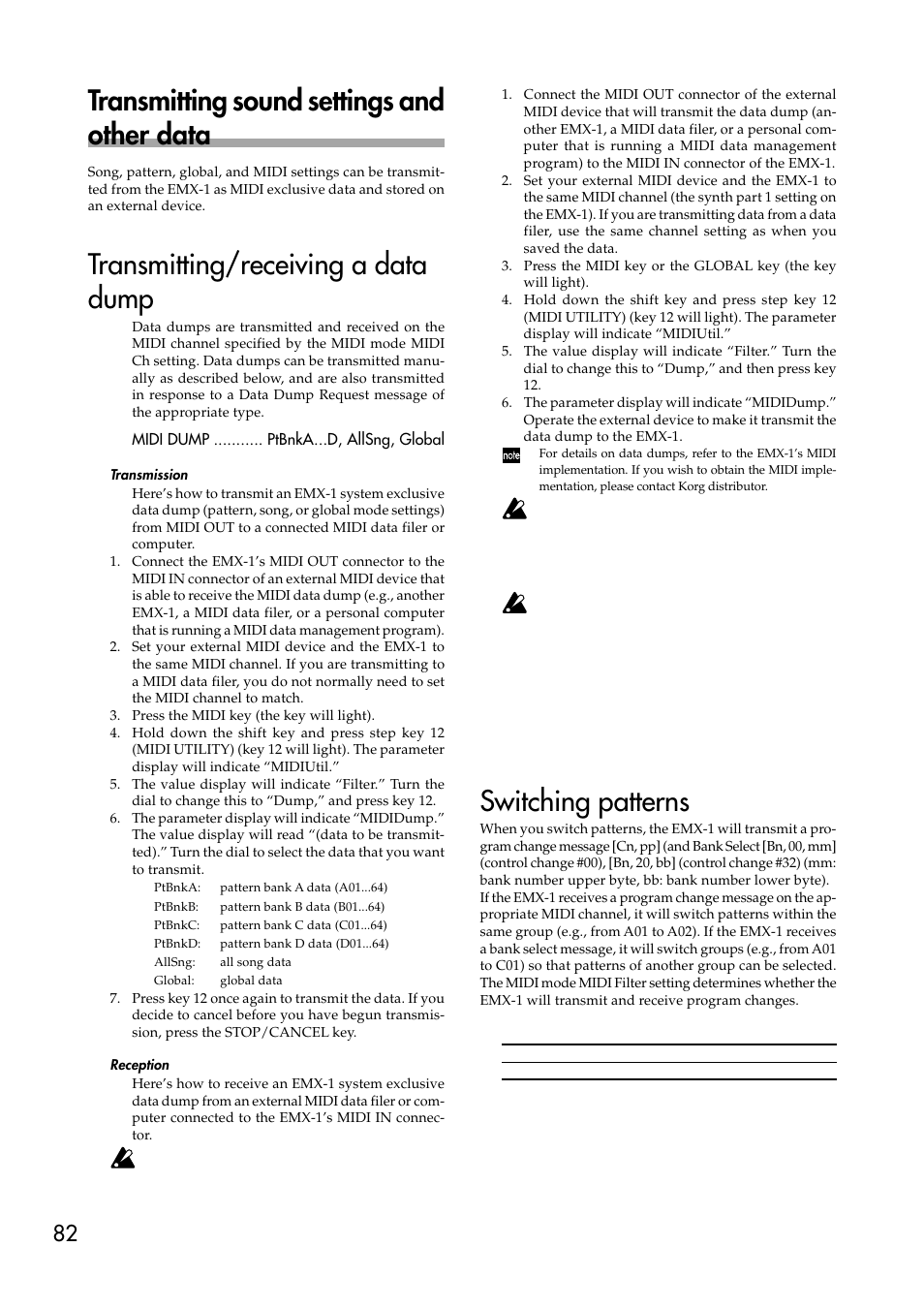 Transmitting sound settings and other data, Transmitting/receiving a data dump, Transmission | Reception, Switching patterns, Transmitting sound settings and other, Data, Transmission reception | KORG EMX-1 User Manual | Page 82 / 99